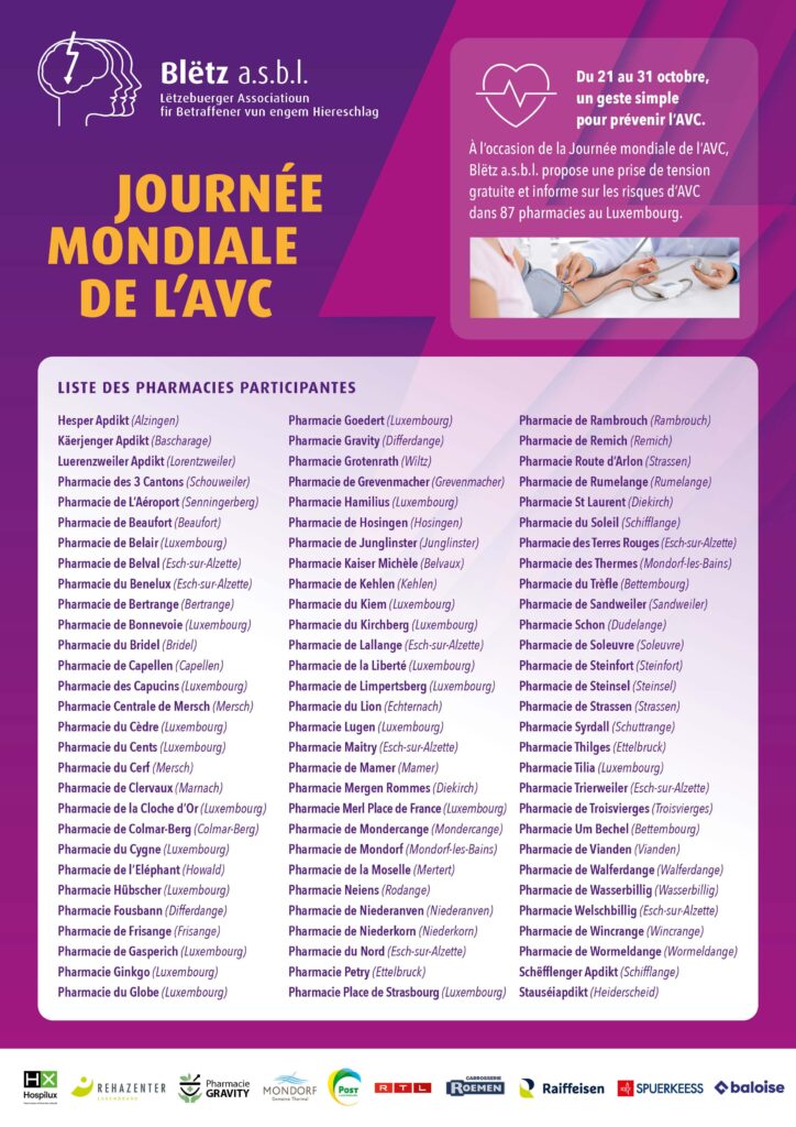 21–31 octobre 2026 : Pharmacies participant à la Journée mondiale de l’AVC
